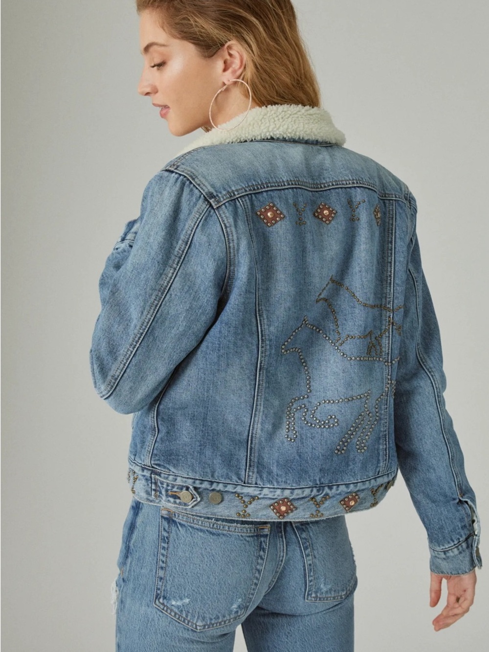 Lucky Brand Yellowstone Horse Embellished Faux Shearling Denim Jacket size M